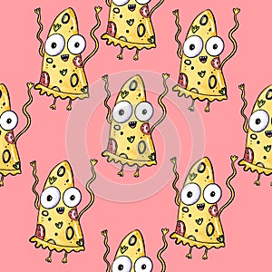 Seamless pattern of cute monster pizza on a pink background. Fast food with eyes, junk food. Design for poster, print, kids menu.