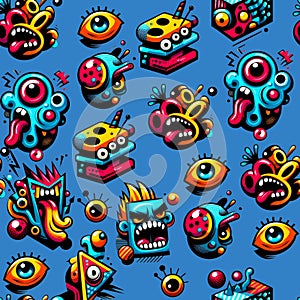 Seamless pattern with cute monsters. Cartoon style