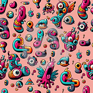 Seamless pattern with cute monsters. Cartoon style