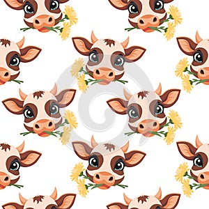 Seamless pattern with cute muzzles of cows with flowers in their mouths on a light background. Design for print, textile