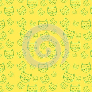 Seamless pattern of cute muzzles kittens with antennae green outline on a yellow background vector doodle