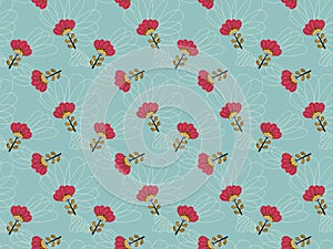 Seamless pattern of cute ornamental abstract peony or rose flowers white hatching in fuchsia and yellow colors on gray background.