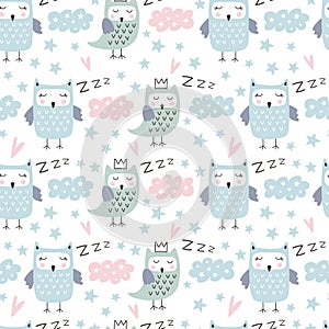 Seamless pattern with cute owl. Forest animals. Cartoon background for Kids. Hand drawn vector