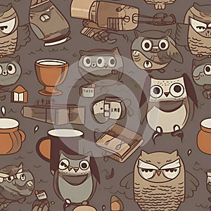 Seamless pattern with cute owls, books and cups