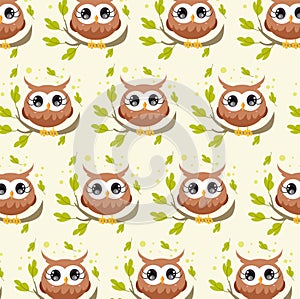 Seamless pattern with cute owls on a bright background