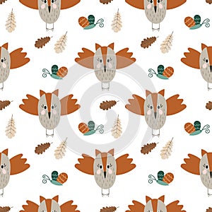 Seamless pattern, cute owls in doodle style, butterflies and oak leaves. Children\'s print, vector