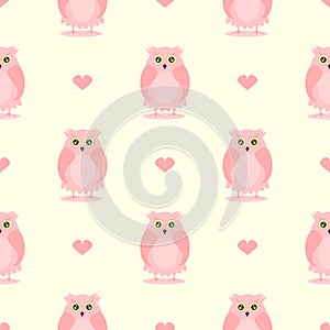 Seamless pattern with cute owls and hearts. Stylish girl print.