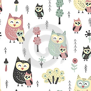 Seamless pattern with cute owls - mother and baby