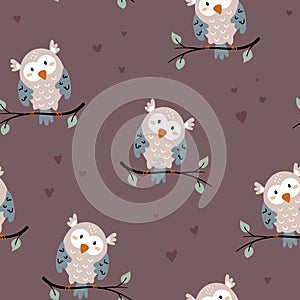 Seamless pattern with cute owls sitting on branch. Childish owl birds background