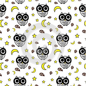 Seamless pattern of cute owls and stars