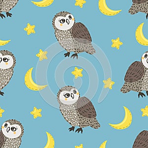 Seamless pattern with cute owls, stars and moon. Vector night background.