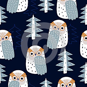 Seamless pattern with cute owls and trees. Creative forest texture. Great for fabric, textile Vector Illustration