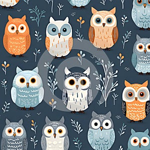 Seamless pattern with cute owls. Vector illustration in cartoon style