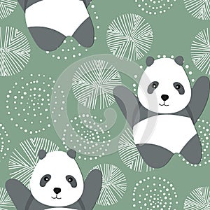 Seamless pattern with cute panda baby on color floral background. Funny asian animals. Card, postcards for kids. Flat