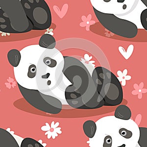 Seamless pattern with cute panda baby on color floral background. Funny asian animals. Card, postcards for kids. Flat