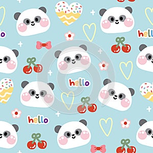 Seamless pattern of cute panda bear face with cute icon on blue pastel background.Wild