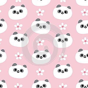 Seamless pattern of cute panda bear face with tiny flower icon on pink background.Chinese