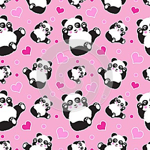 Seamless pattern with cute panda bear and hearts. Funny children`s background, print, gift wrap