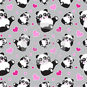 Seamless pattern with cute panda bear and hearts. Funny children`s background, print, gift wrap