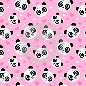 Seamless pattern with cute panda bear and hearts. Funny children`s background, print, gift wrap