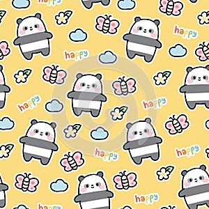 Seamless pattern of cute panda bear with tiny icon on yellow background.Butterfly