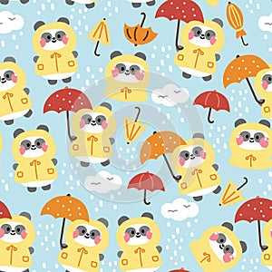 Seamless pattern of cute panda bear wear raincoat with umbrella and cloud background.Chinese