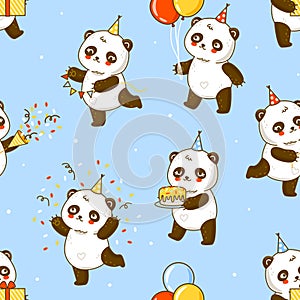 Seamless pattern with cute panda bears on blue background- cartoon background for happy Birthday