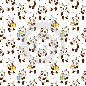 Seamless pattern with cute panda bears  isolated on white - cartoon background for happy Birrthday wrapping design 2