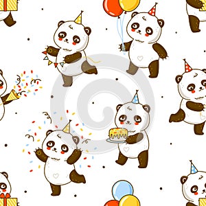 Seamless pattern with cute panda bears isolated on white - cartoon background for happy Birthday wrapping design