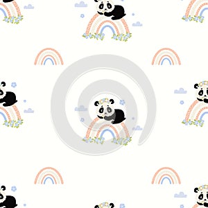 Seamless pattern with cute panda in flower wreath lying on rainbow on white background. Vector illustration