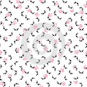 Seamless pattern with cute panda, footprint on white background. Funny asian animals. Card, postcards for kids. Flat