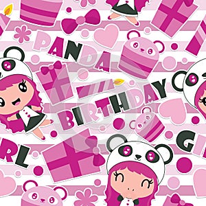 Seamless pattern of cute panda girl, gift, and cupcake on striped background cartoon illustration for Birthday wrapping pap