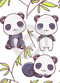 Seamless pattern cute panda kawaii cartoon hand drawn white background