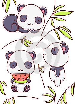 Seamless pattern cute panda kawaii cartoon hand drawn white background