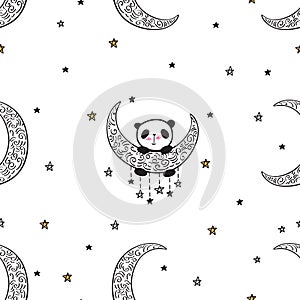 Seamless pattern with cute panda on the moon.