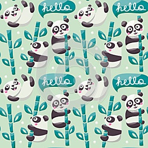 Seamless pattern with cute pandas, bamboo, leafs and hello