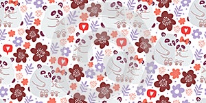 Seamless pattern with cute pandas couples in love