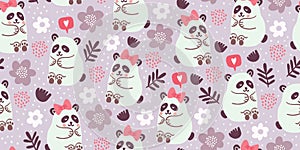 Seamless pattern with cute pandas couples in love