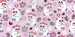 Seamless pattern with cute pandas couples in love