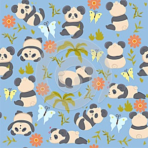 Seamless pattern with cute pandas. Vector graphics