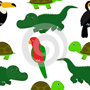 Seamless pattern cute parrot crocodile turtle vector illustration