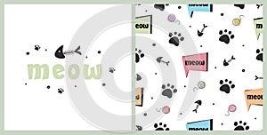 Seamless pattern with cute paw prints and fishbone