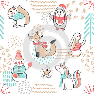 Seamless pattern with cute penguin,snowman, Fox,unicorn, squirrel and rabbit. Hand Drawn illustration. Background with cart