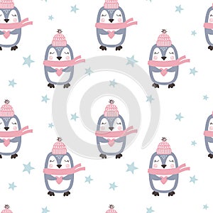Seamless pattern with cute penguin on white background.. Vector