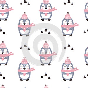Seamless pattern with cute penguin on white background.. Vector