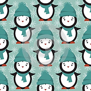 Seamless pattern with cute penguins. Animals pattern. Penguin cartoon on winter background