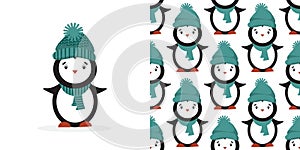 Seamless pattern with cute penguins. Animals pattern. Penguin cartoon on winter background.