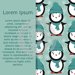 Seamless pattern with cute penguins. Animals pattern. Penguin cartoon on winter background.