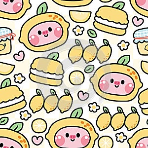 Seamless pattern of cute pig in lemon concept background.Farm animal