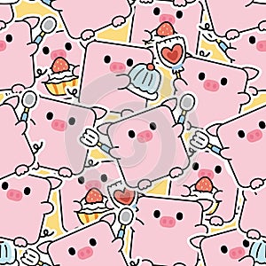 Seamless pattern of cute pig in square shape sticker in various poses with dessert background.Farm